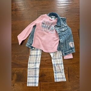 Little Lass Pink Top with Denim Vest and Leggings